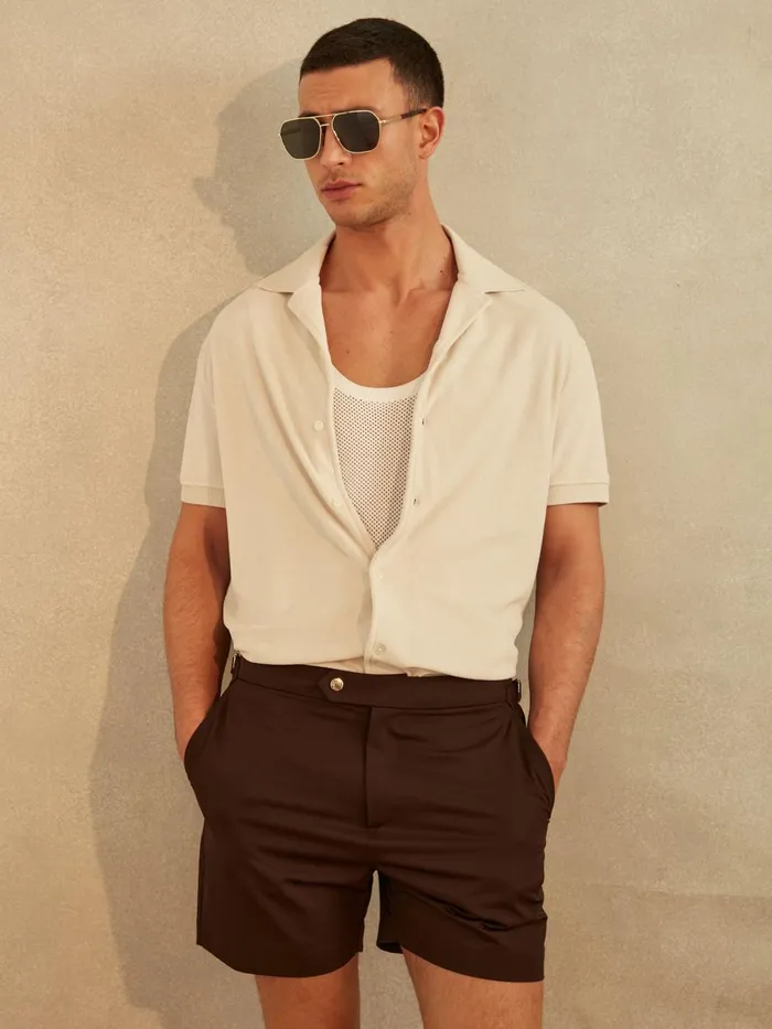 Men Reiss Knitwear Eden Towelling Cuban Collar Shirt Off White