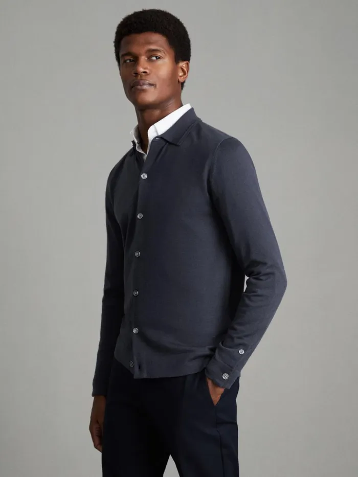 Men Reiss Knitwear Forbes Merino Wool ButtonThrough Cardigan Blue Smoke