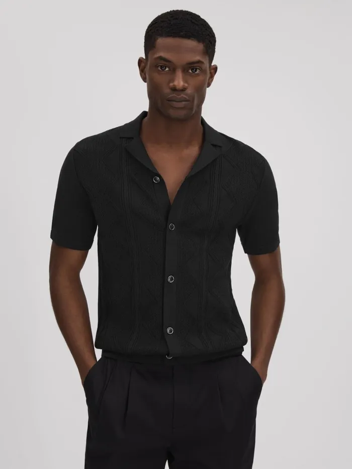 Men Reiss Knitwear Fortune Cable Knit Cuban Collar Shirt Black