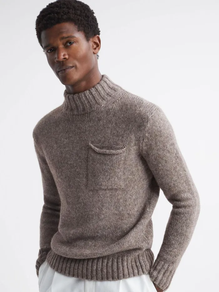 Men Reiss Knitwear Jacobson WoolCotton Funnel Neck Jumper Beige Melange