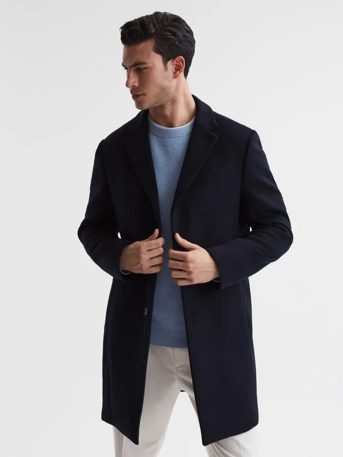 Men Reiss Outerwear and Coats Gable Wool Blend Single Breasted Epsom Overcoat Navy Men Reiss Outerwear and Coats Gable Wool Blend Single Breasted Epsom Overcoat Navy