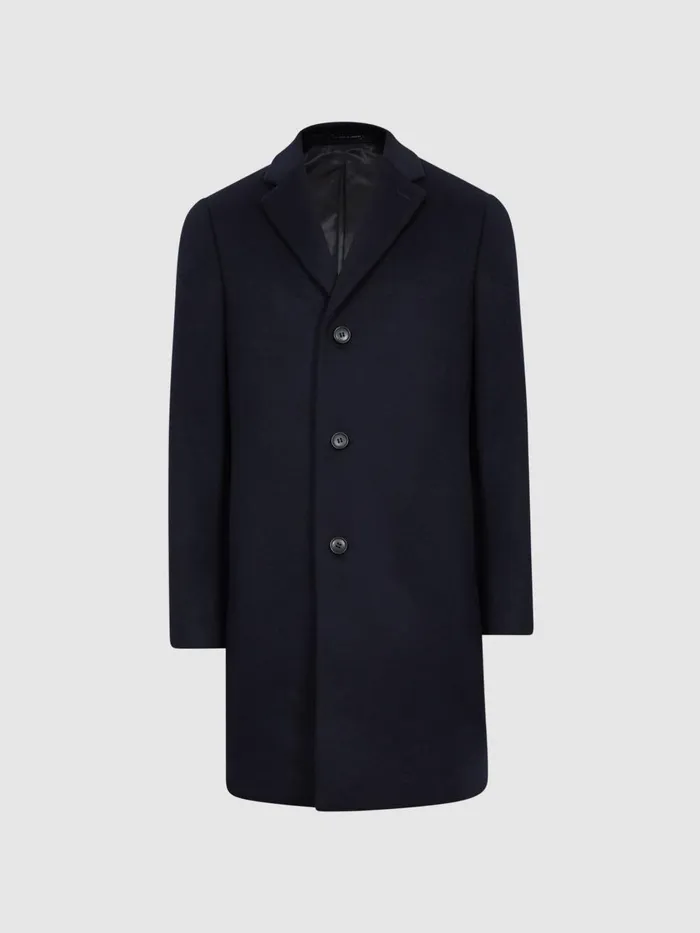 Men Reiss Outerwear and Coats Gable Wool Blend Single Breasted Epsom Overcoat Navy
