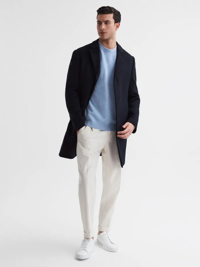 Men Reiss Outerwear and Coats Gable Wool Blend Single Breasted Epsom Overcoat Navy