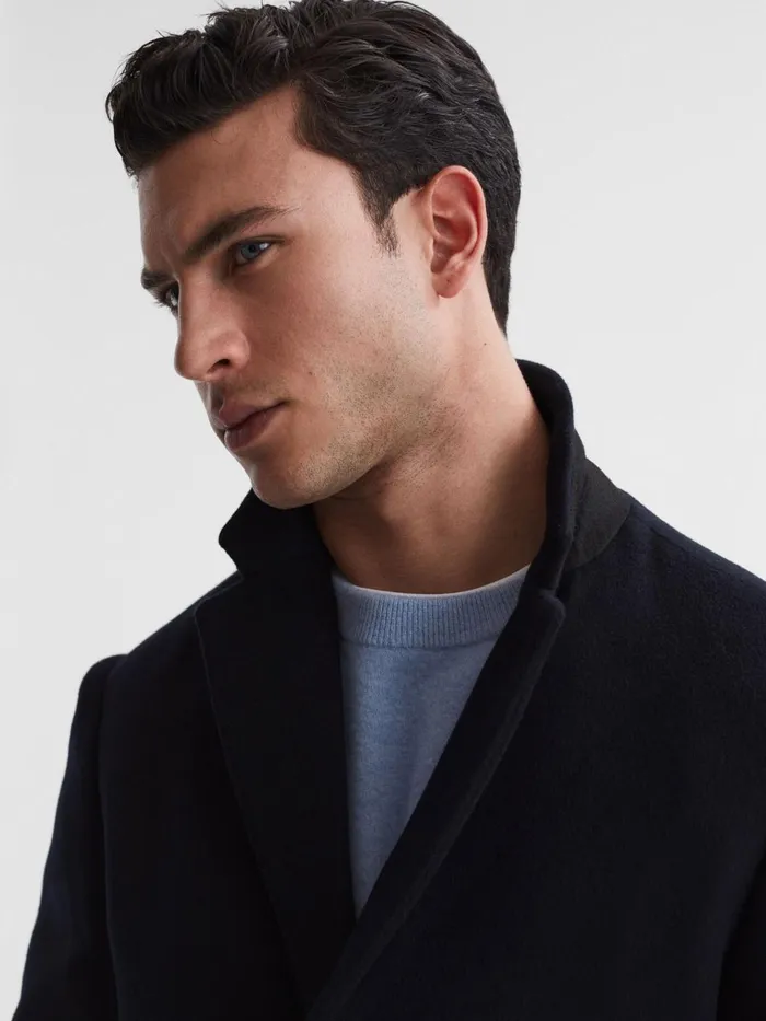 Men Reiss Outerwear and Coats Gable Wool Blend Single Breasted Epsom Overcoat Navy