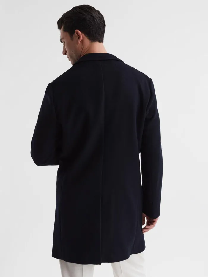 Men Reiss Outerwear and Coats Gable Wool Blend Single Breasted Epsom Overcoat Navy