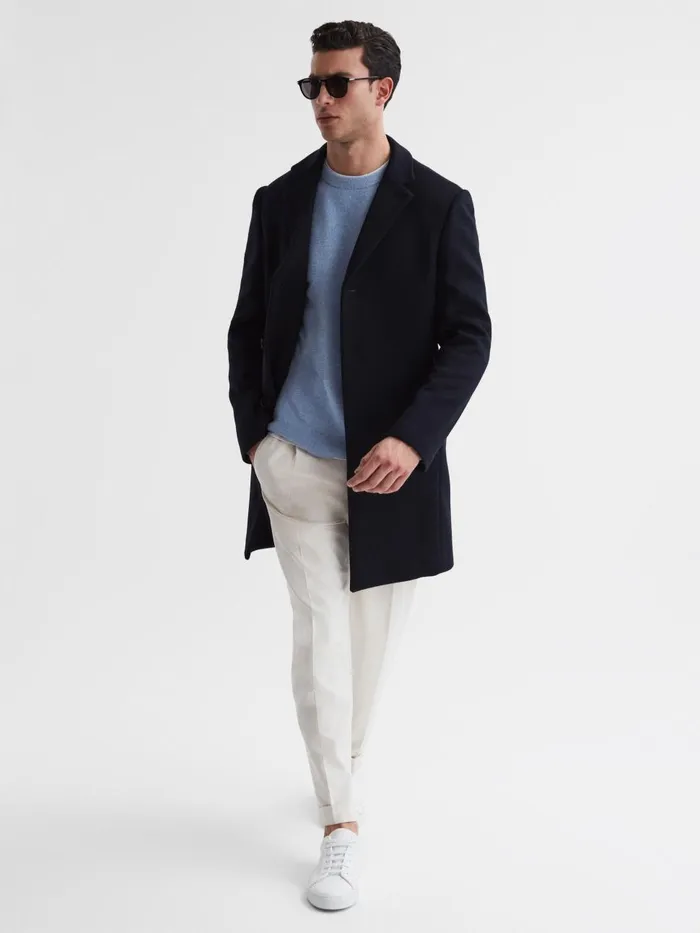 Men Reiss Outerwear and Coats Gable Wool Blend Single Breasted Epsom Overcoat Navy