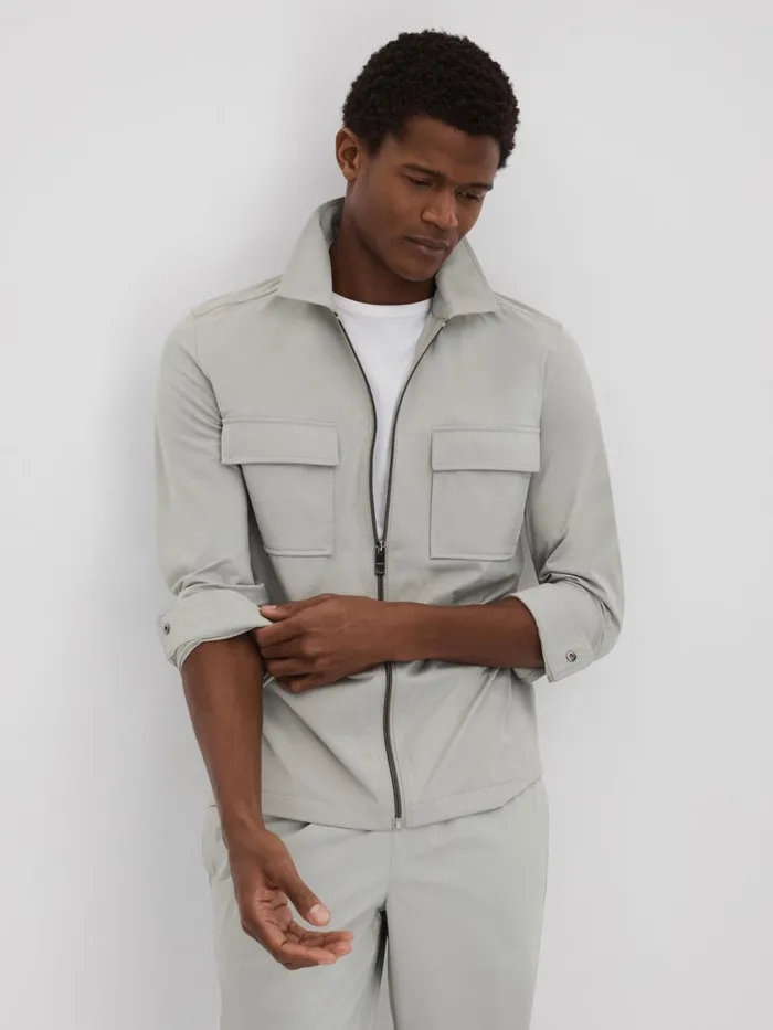 Men Reiss Outerwear and Coats Hylo Technical ZipThrough Jacket Light Sage Green