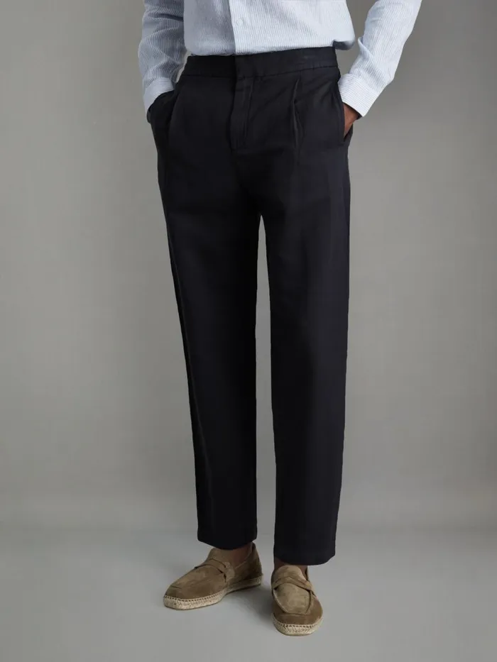 Men Reiss Pants Pact Relaxed Cotton Blend Elasticated Waist Trousers Navy