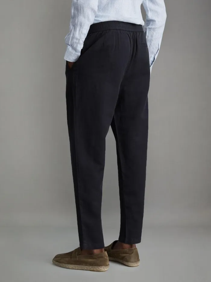 Men Reiss Pants Pact Relaxed Cotton Blend Elasticated Waist Trousers Navy