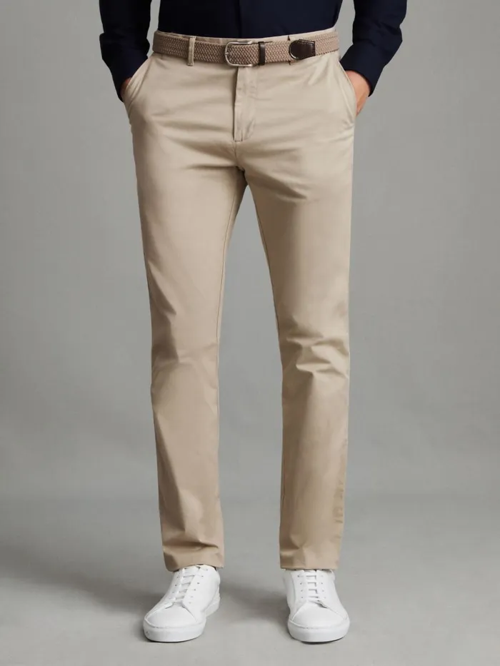 Men Reiss Pants Pitch Slim Fit Washed Cotton Blend Chinos Stone