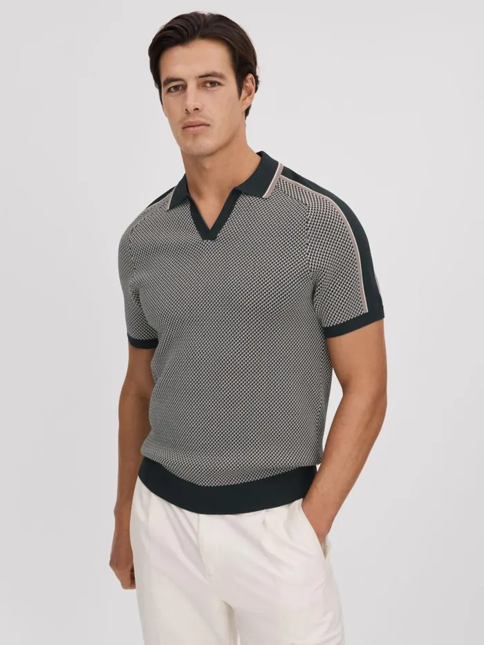 Men Reiss Polo Shirts Brunswick Geometric Design OpenCollar Shirt Hunting Green