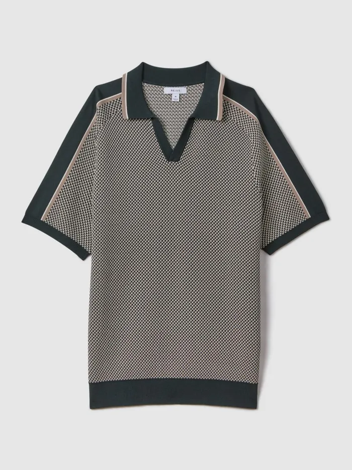 Men Reiss Polo Shirts Brunswick Geometric Design OpenCollar Shirt Hunting Green