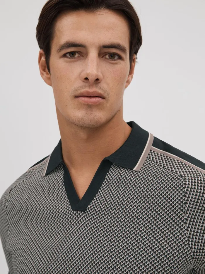 Men Reiss Polo Shirts Brunswick Geometric Design OpenCollar Shirt Hunting Green