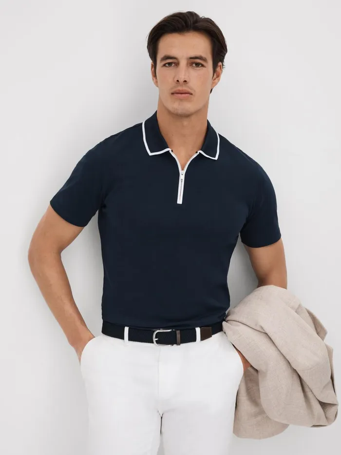 Men Reiss Polo Shirts Cannes Slim Fit Cotton Quarter Zip Shirt Navy