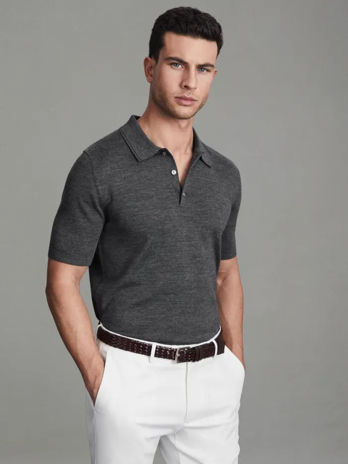 Men Reiss Polo Shirts Manor Slim Fit Merino Wool Polo Shirt Derby Grey Marl