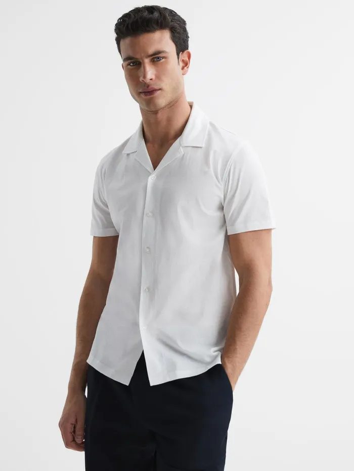 Men Reiss Shirts Caspa Mercerised Jersey Cuban Collar Shirt White