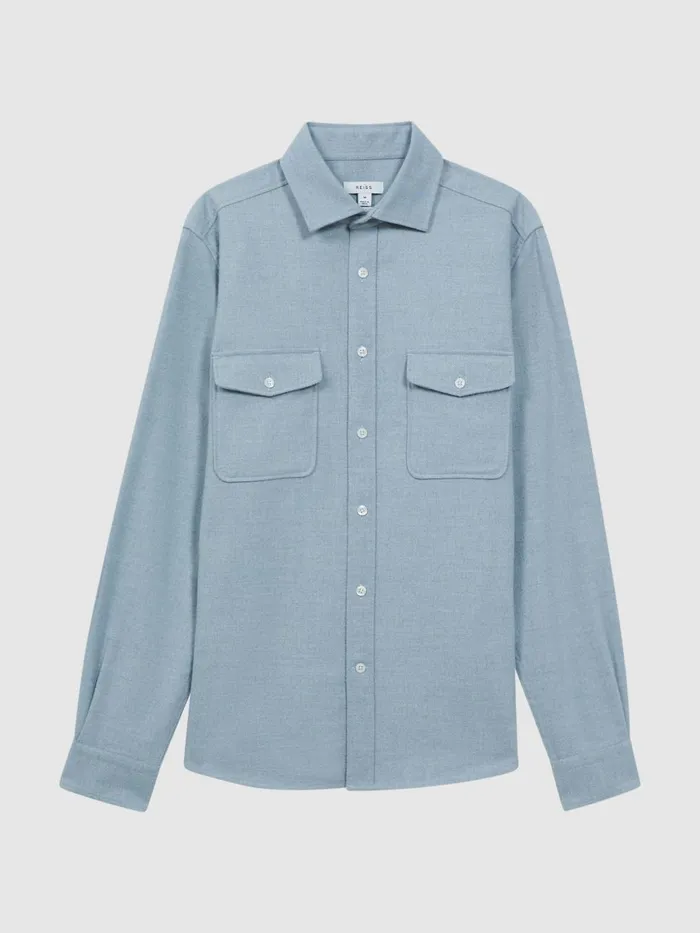 Men Reiss Shirts Chaser ButtonThrough Twin Pocket Overshirt Soft Blue Melange
