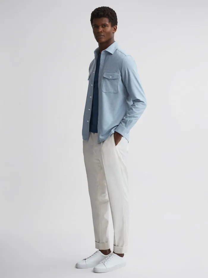 Men Reiss Shirts Chaser ButtonThrough Twin Pocket Overshirt Soft Blue Melange