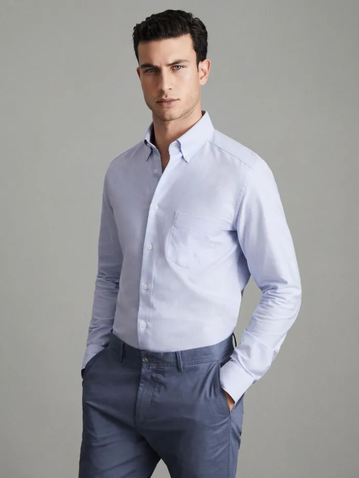 Men Reiss Shirts Greenwich Slim Fit Cotton Oxford Shirt Soft Blue