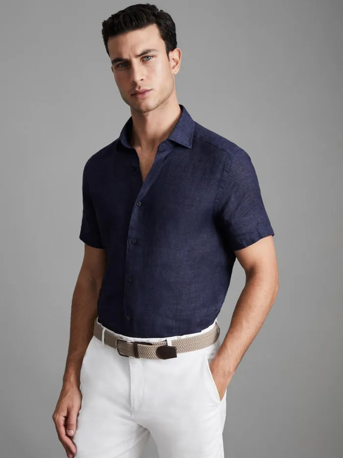 Men Reiss Shirts Holiday Slim Fit Linen ButtonThrough Shirt Navy