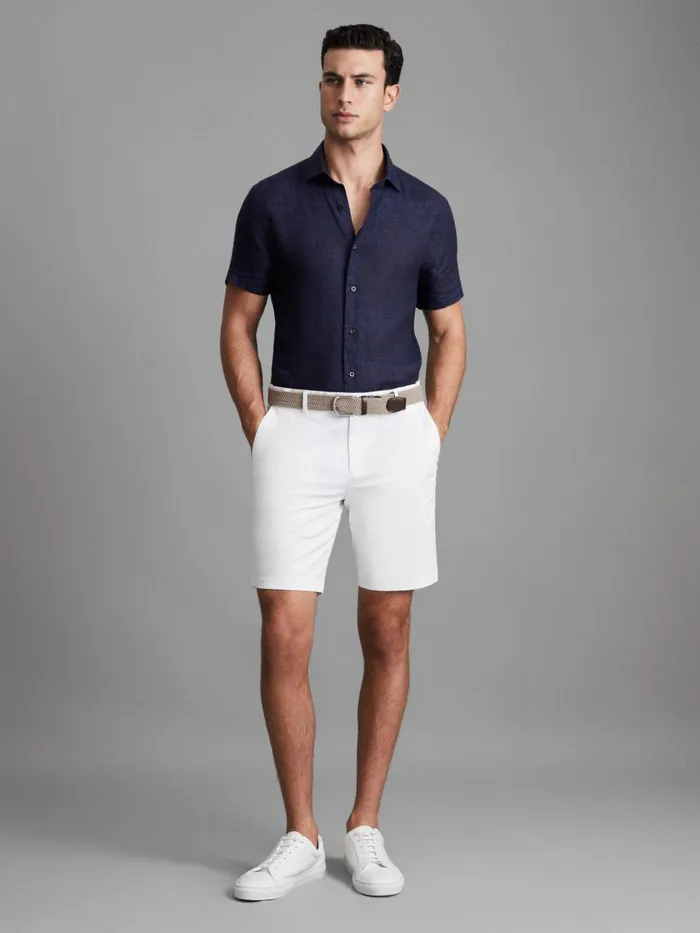Men Reiss Shirts Holiday Slim Fit Linen ButtonThrough Shirt Navy