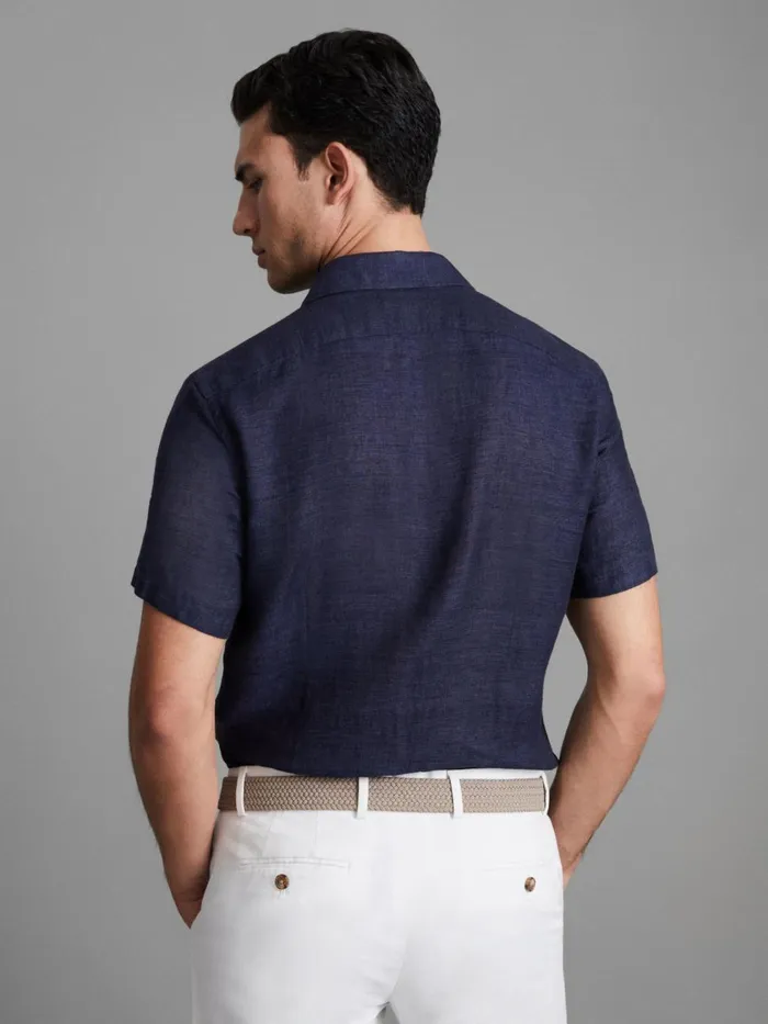 Men Reiss Shirts Holiday Slim Fit Linen ButtonThrough Shirt Navy