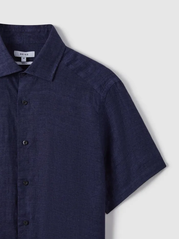 Men Reiss Shirts Holiday Slim Fit Linen ButtonThrough Shirt Navy
