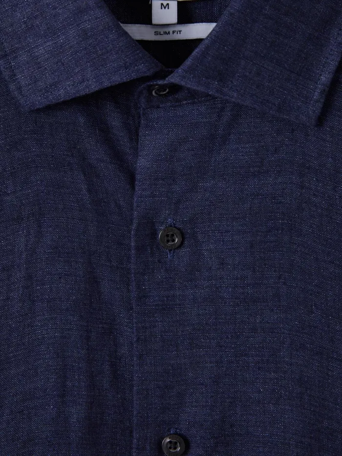 Men Reiss Shirts Holiday Slim Fit Linen ButtonThrough Shirt Navy
