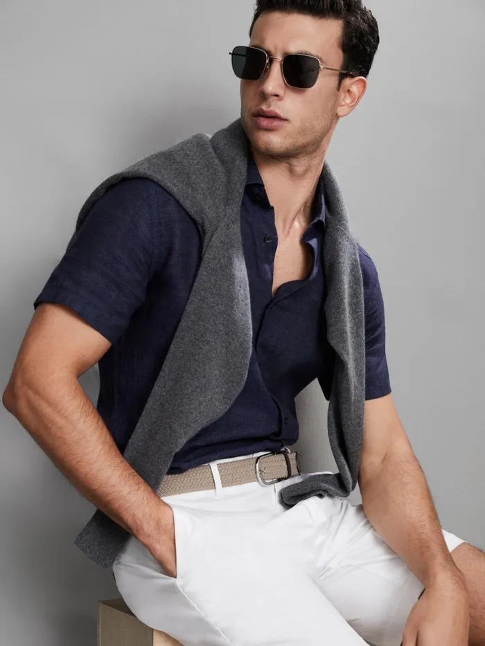 Men Reiss Shirts Holiday Slim Fit Linen ButtonThrough Shirt Navy