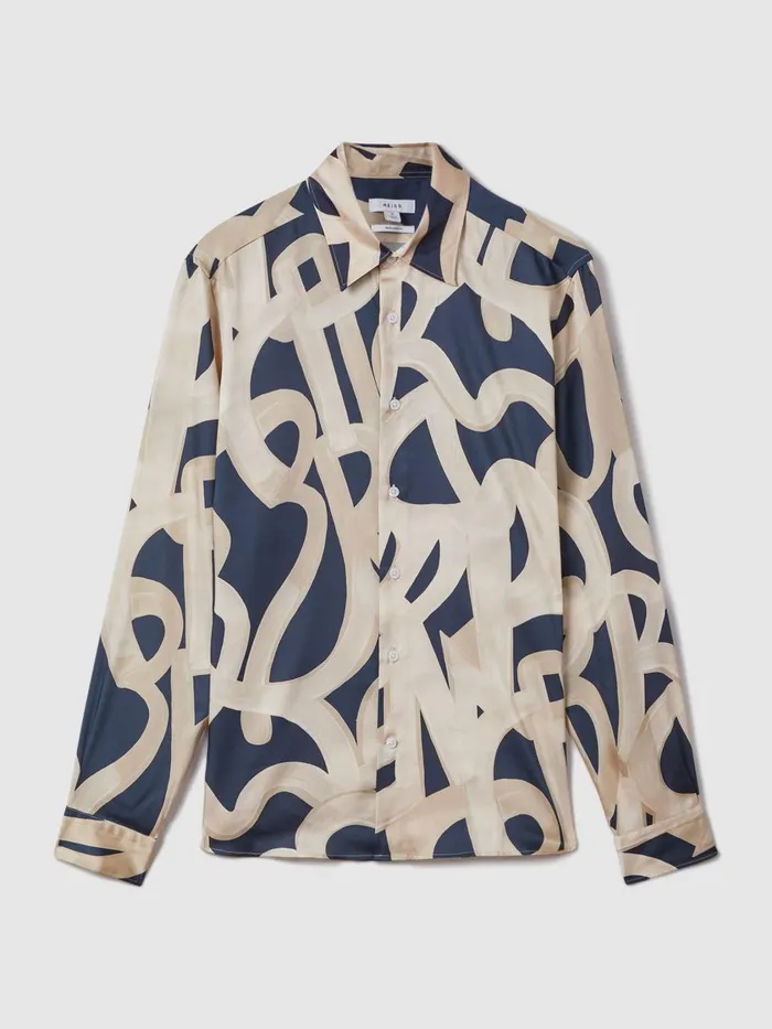 Men Reiss Shirts Jude Painted ButtonThrough Shirt Navyecru