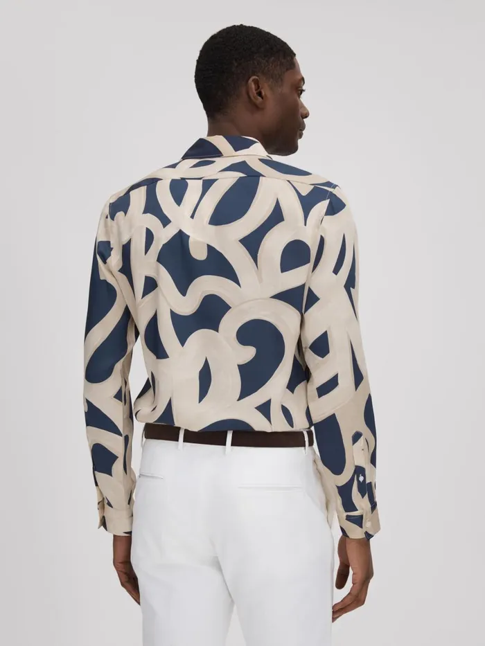 Men Reiss Shirts Jude Painted ButtonThrough Shirt Navyecru