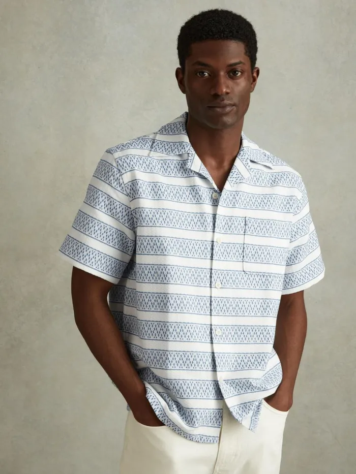 Men Reiss Shirts Kesh Herringbone Cuban Collar Shirt Whitesoft Blue
