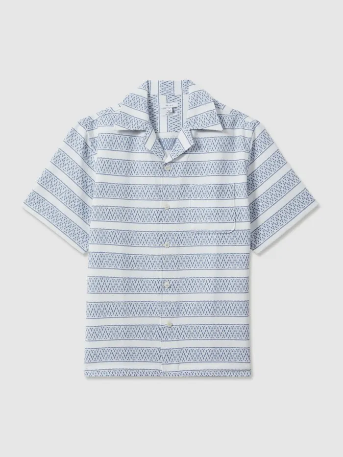 Men Reiss Shirts Kesh Herringbone Cuban Collar Shirt Whitesoft Blue