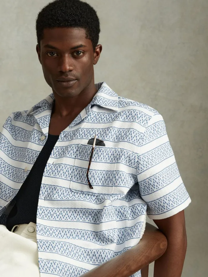 Men Reiss Shirts Kesh Herringbone Cuban Collar Shirt Whitesoft Blue