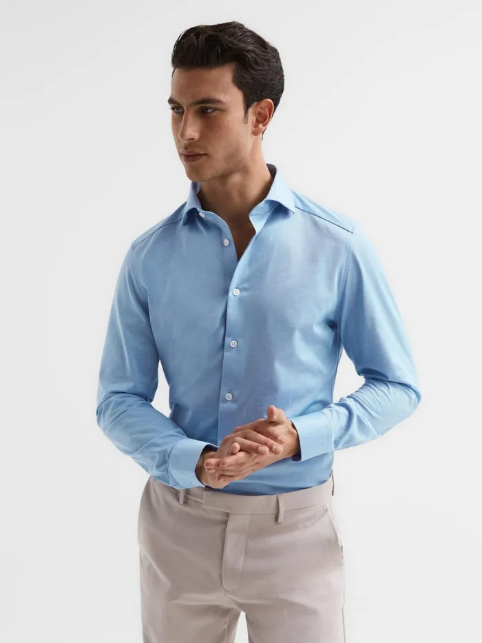 Men Reiss Shirts Nate Cutaway Collar Jersey Slim Fit Shirt Soft Blue
