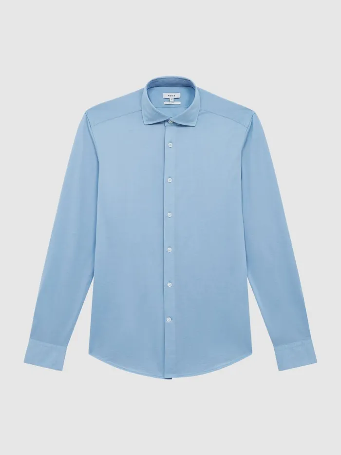 Men Reiss Shirts Nate Cutaway Collar Jersey Slim Fit Shirt Soft Blue