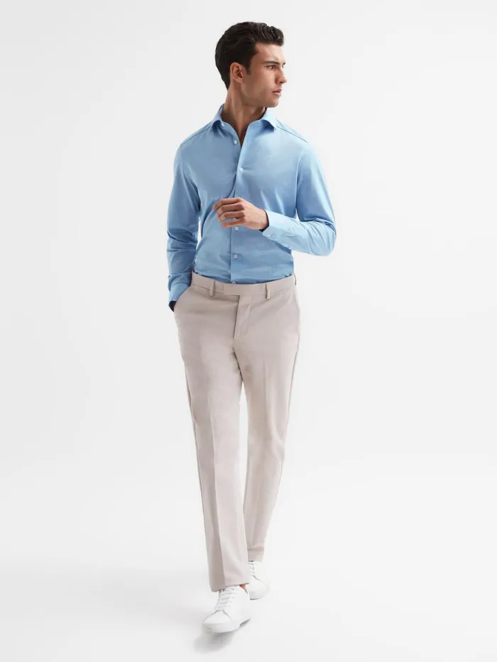 Men Reiss Shirts Nate Cutaway Collar Jersey Slim Fit Shirt Soft Blue