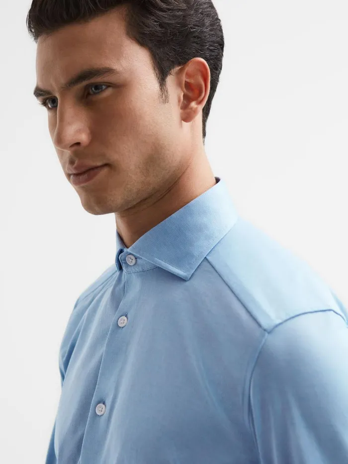 Men Reiss Shirts Nate Cutaway Collar Jersey Slim Fit Shirt Soft Blue