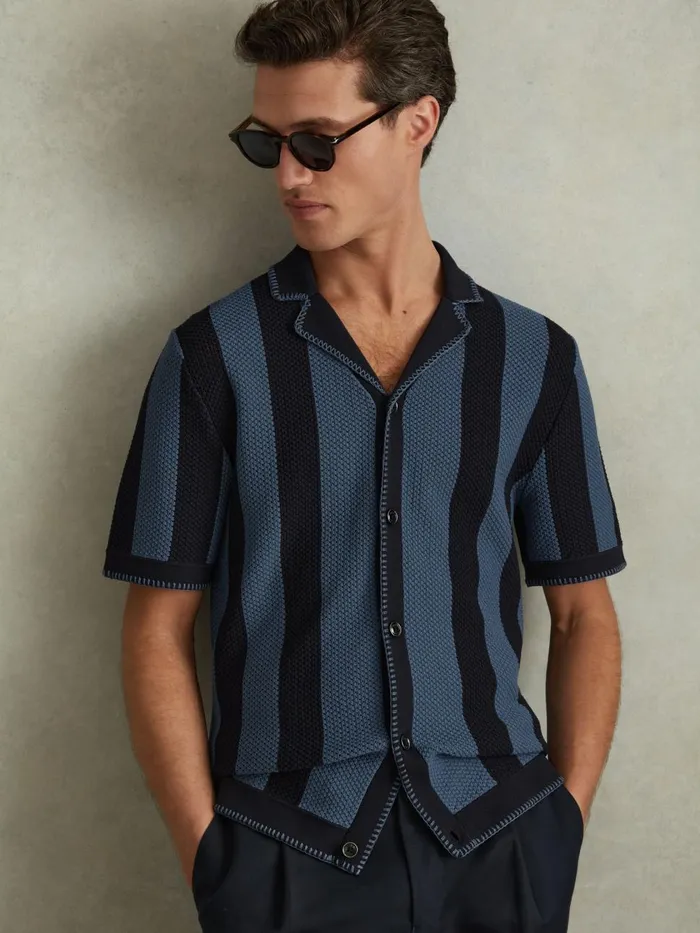 Men Reiss Shirts Naxos Knitted Cuban Collar Shirt Navyblue
