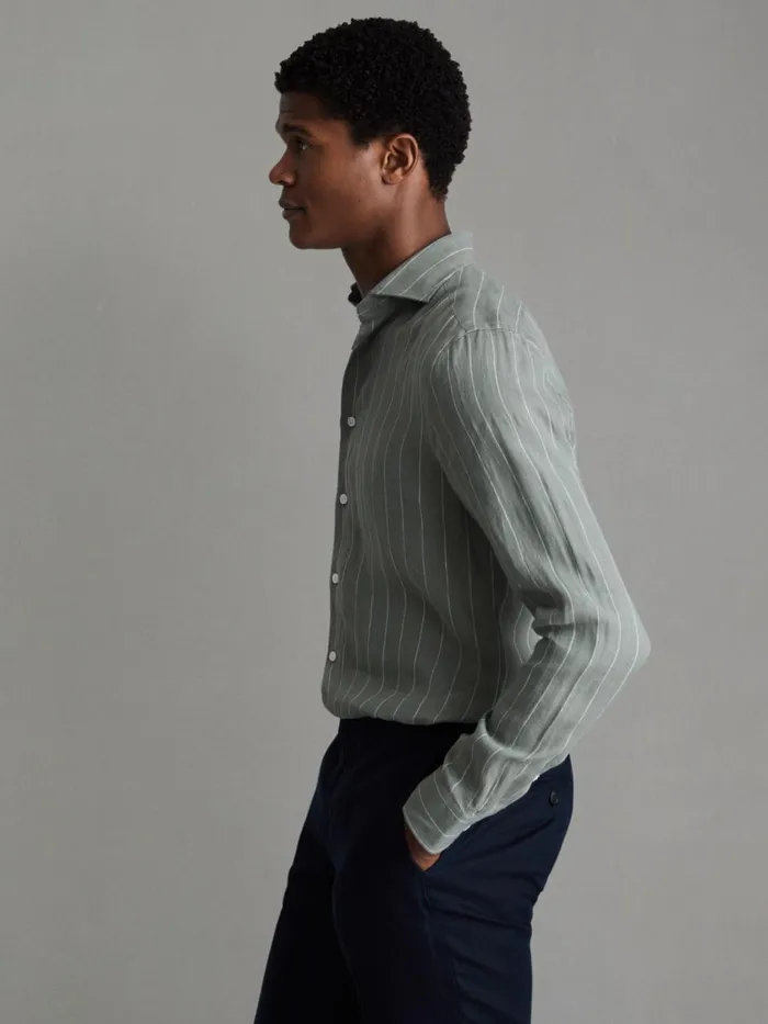 Men Reiss Shirts Ruban Linen Button Through Shirt Sage Stripe