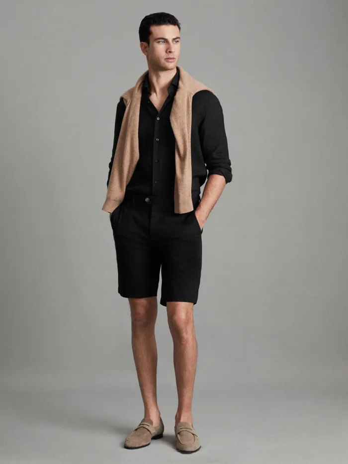 Men Reiss Shorts Wicket Modern Fit Cotton Blend Chino Shorts Black
