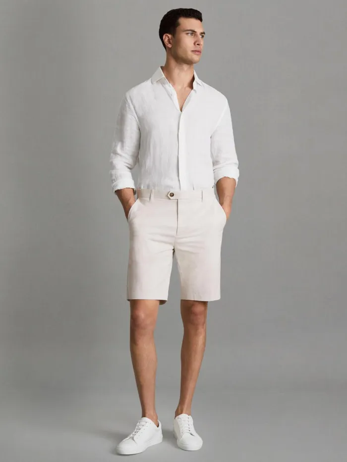 Men Reiss Shorts Wicket Modern Fit Cotton Blend Chino Shorts Chalk