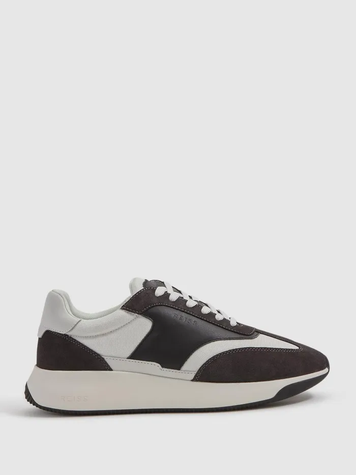 Men Reiss Sneakers Emmett Leather Suede Running Trainers Charcoal