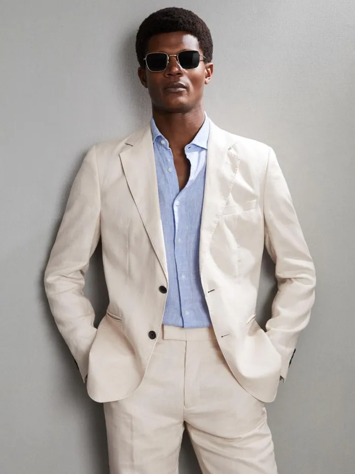 Men Reiss Suits and Tailoring Kin Slim Fit Single Breasted Linen Blazer Stone