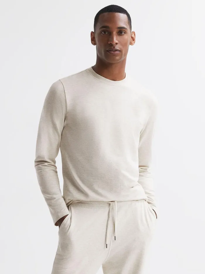 Men Reiss Sweats Hoodies and Joggers Adam Crew Neck Fleece Lined Jumper Oatmeal Melange