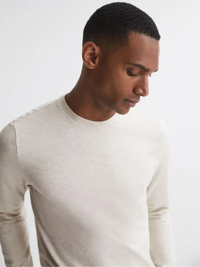 Men Reiss Sweats Hoodies and Joggers Adam Crew Neck Fleece Lined Jumper Oatmeal Melange