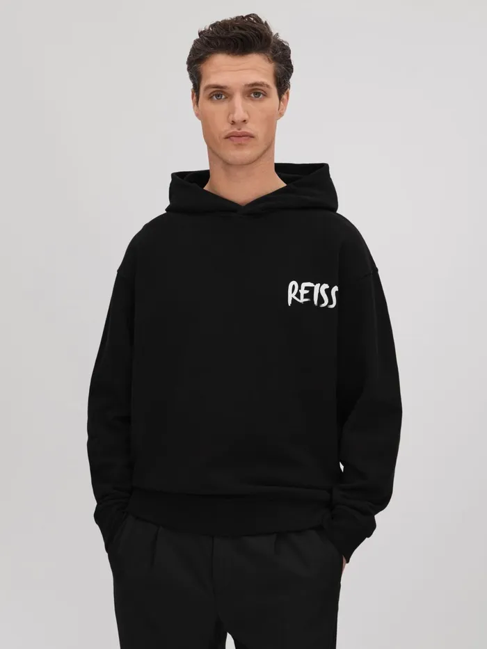 Men Reiss Sweats Hoodies and Joggers Newton Cotton Relaxed Motif Hoodie Blackwhite Men Reiss Sweats Hoodies and Joggers Newton Cotton Relaxed Motif Hoodie Blackwhite