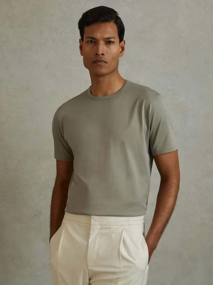 Men Reiss TShirts Caspian Mercerised Cotton Crew Neck TShirt Vetiver