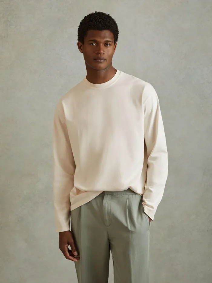 Men Reiss TShirts Cube Cotton Crew Neck Long Sleeve TShirt Off White