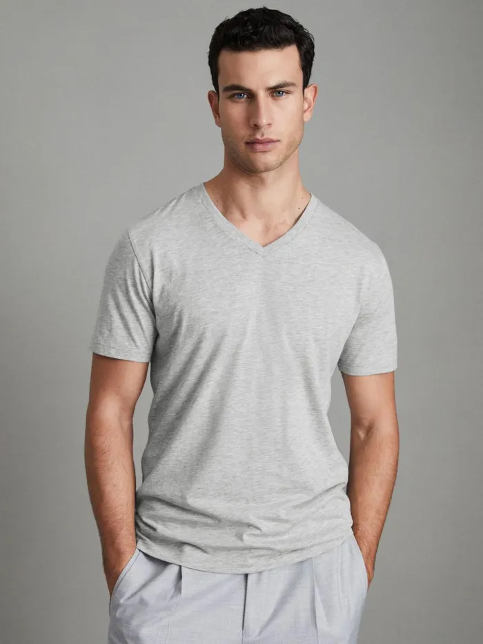 Men Reiss TShirts Grey Marl Dayton Cotton VNeck TShirt Grey Marl